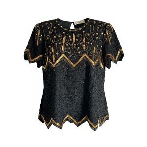 Vintage 80s 90s Lawrence Kazar Beaded Silk Top Black Gold Sequins Blouse LG